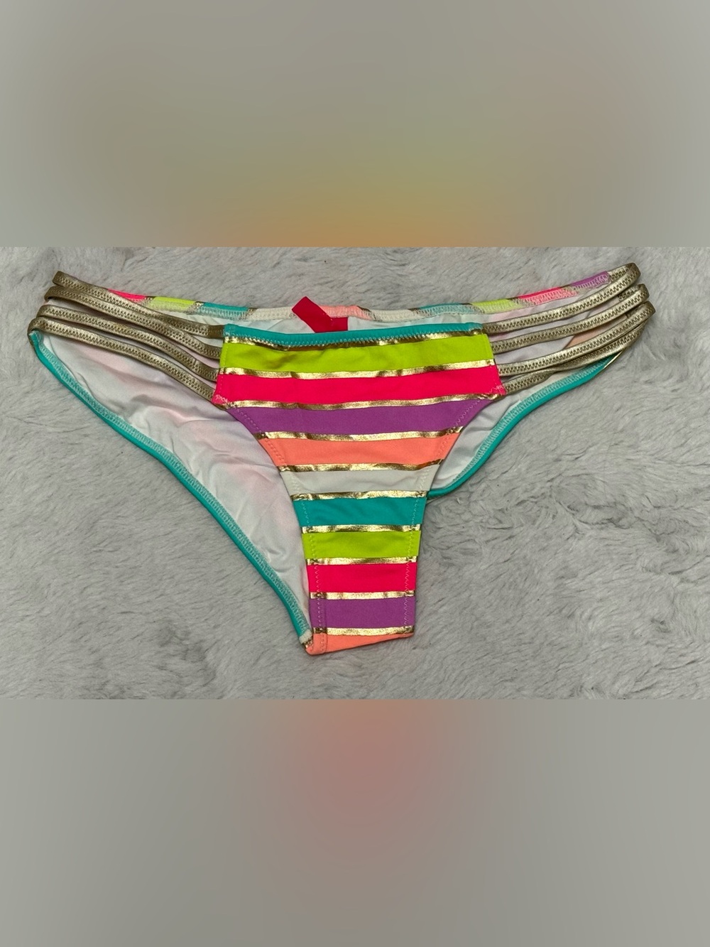 Colorful Stripe Bandeau Bikini Set - Neon Multi - Picture 3 of 6